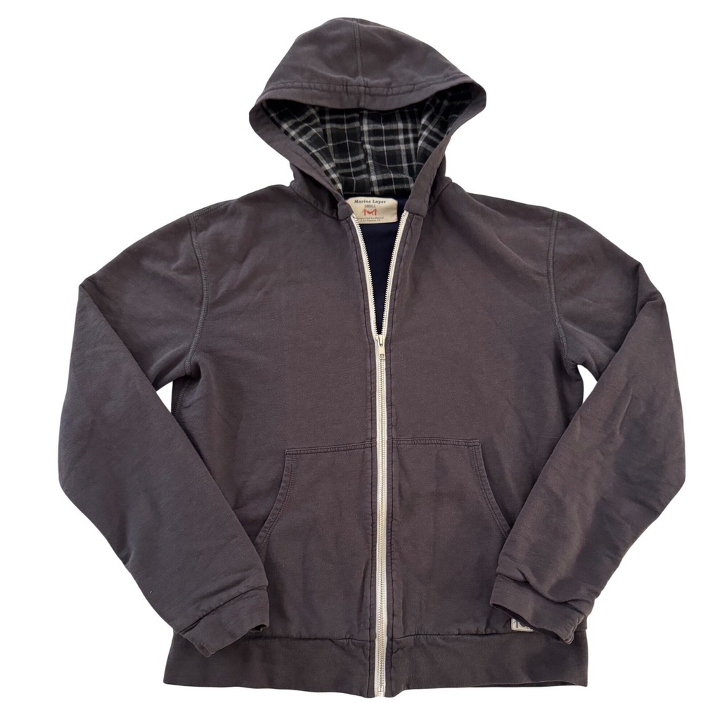 Marine Layer Full Zip Hoodie Mens Small Gray Plaid Lined Hood Casual Preppy
